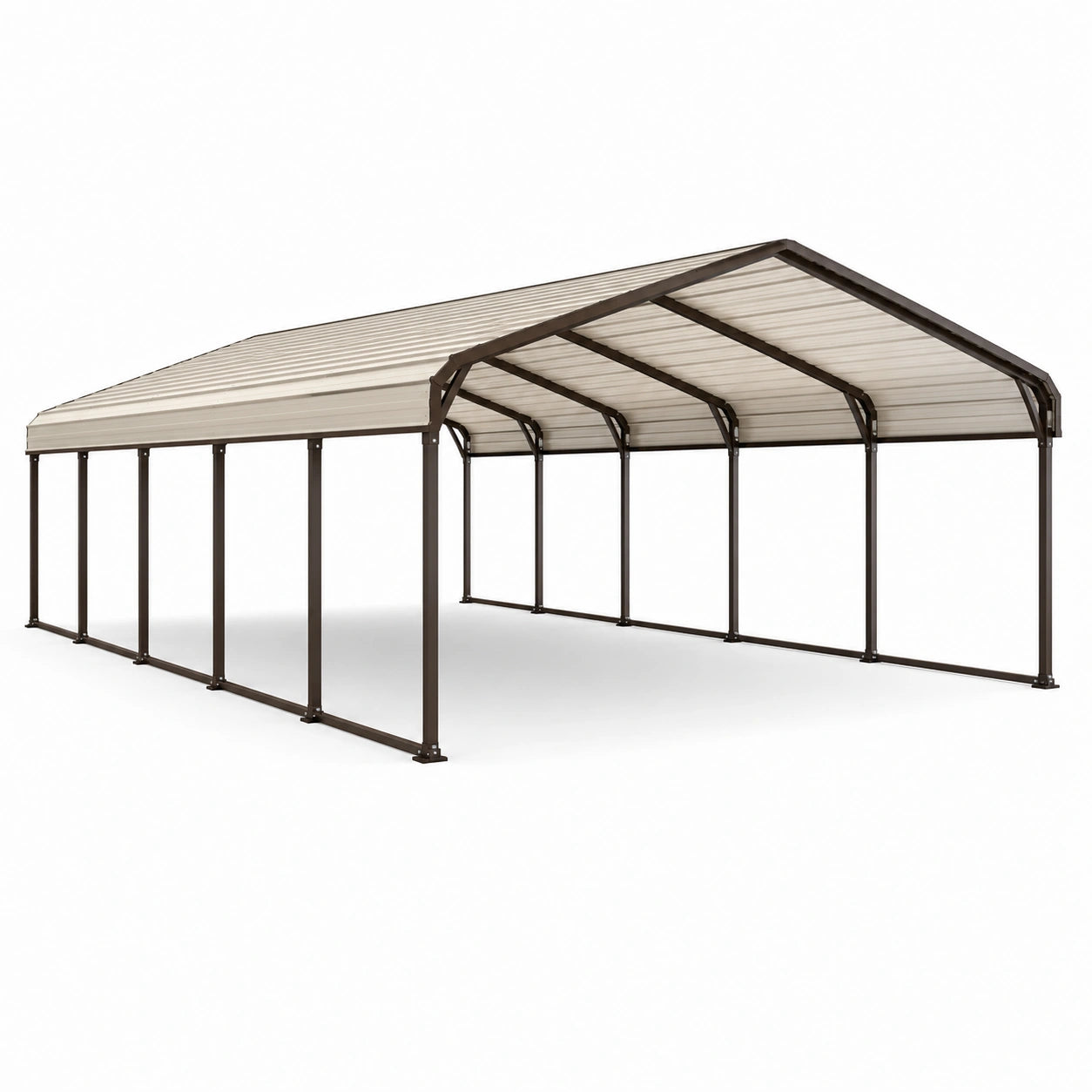 Abri autoportant pour deux voitures 600 × 600 × 310 cm, structure en acier brun avec toit translucide à double pente