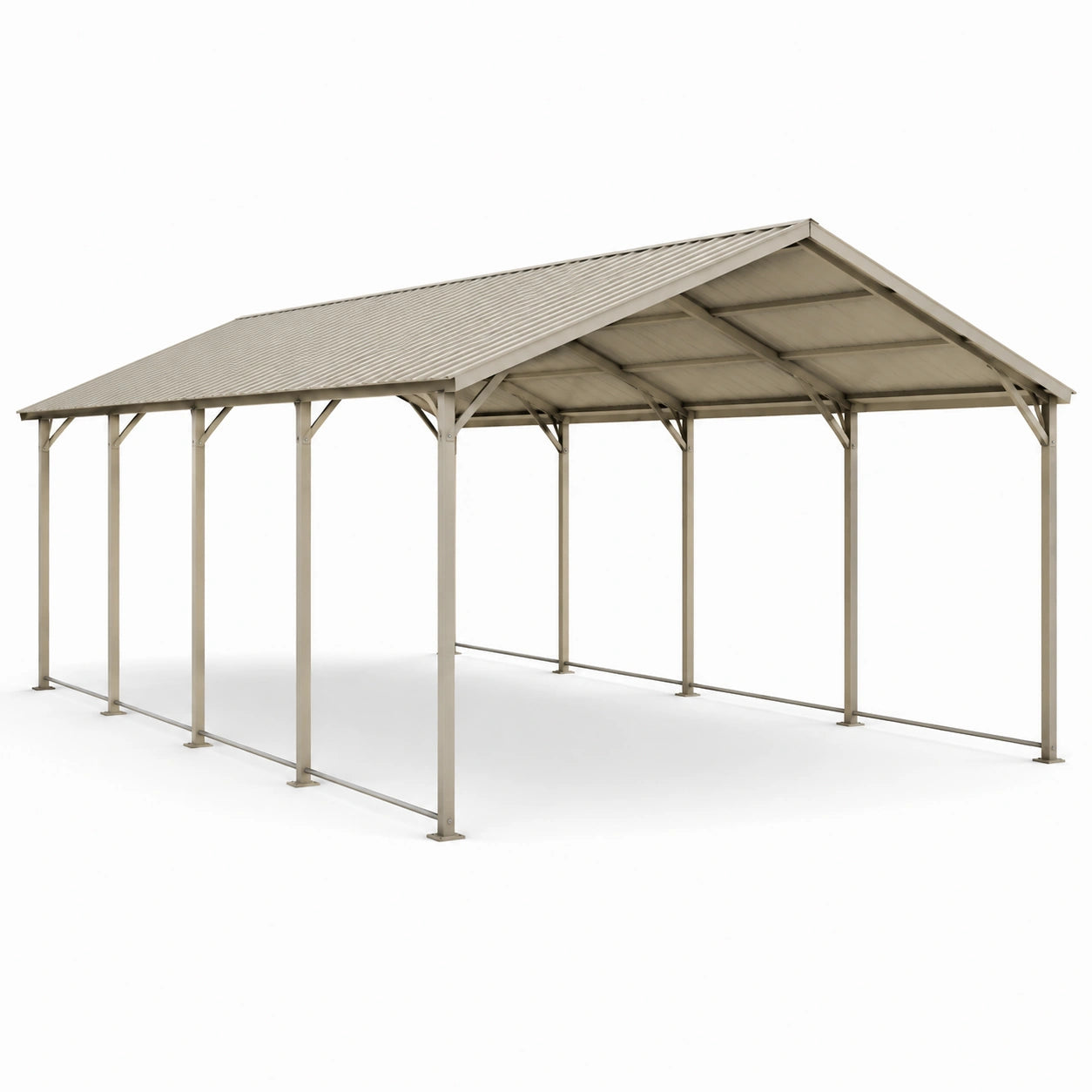 Carport double en acier beige avec toit à deux pentes, 609 × 609 × 366 cm
