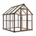Serre de jardin en aluminium marron aspect bois avec panneaux transparents, porte battante et toit ouvrant, 244 × 183 × 210 cm