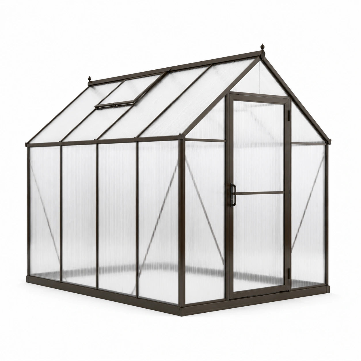 Serre de jardin en aluminium brun foncé et polycarbonate translucide avec porte et lucarne, 244 × 183 × 215 cm