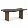 Table à manger rectangulaire contemporaine 180 × 90 × 76 cm, plateau en céramique gris anthracite et pieds effet bois brun foncé