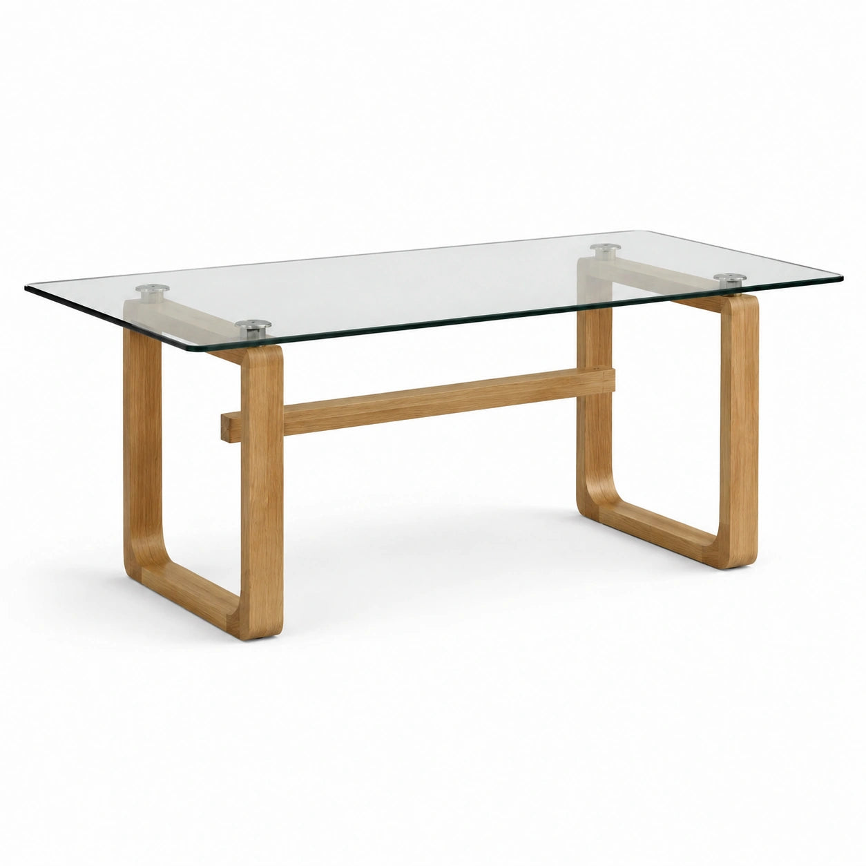 Table à manger rectangulaire 140 × 80 × 75 cm avec plateau en verre transparent et structure en bois naturel