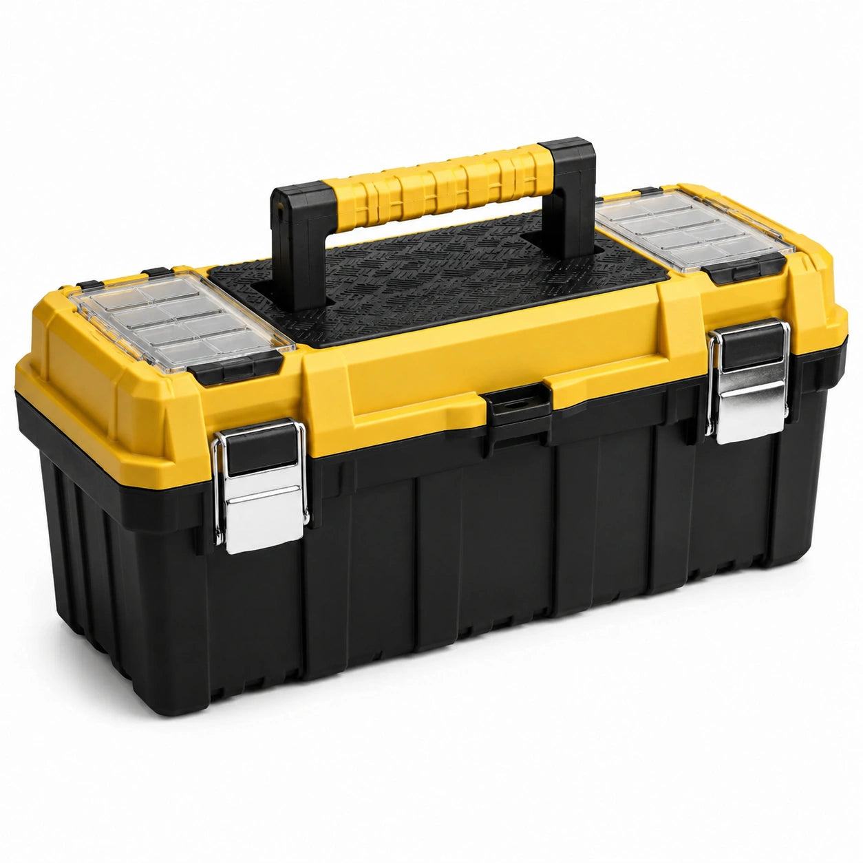 Boîte à outils jaune et noire 48 × 25 × 24 cm avec compartiments intégrés et fermoirs métalliques