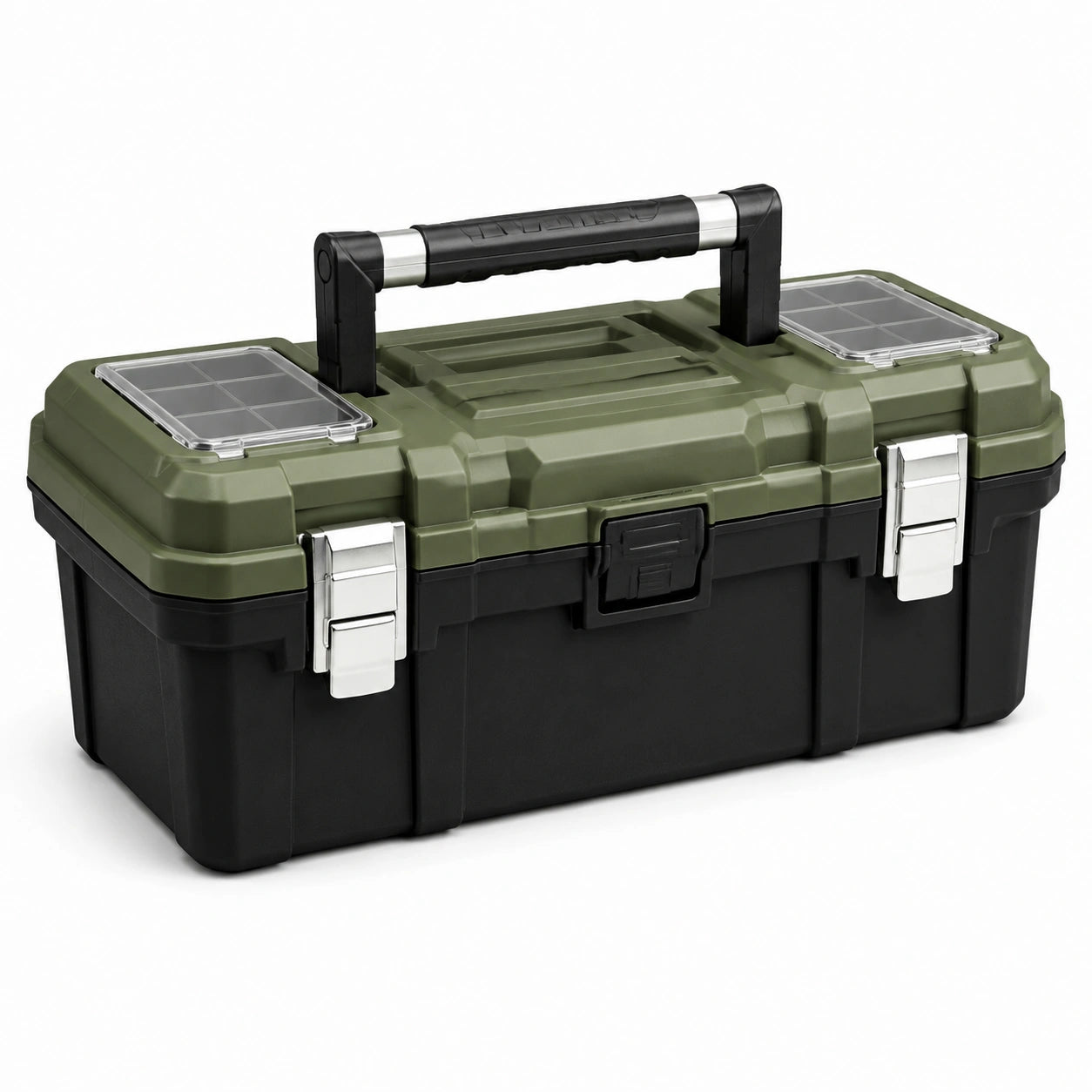 Boîte à outils portable en plastique rigide vert kaki et noir, 50 × 26 × 25 cm, avec compartiments intégrés