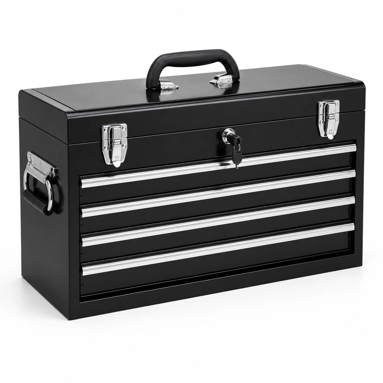 Caisse à outils en acier noir et argenté, 52 × 22 × 35 cm, 4 tiroirs verrouillables avec poignées