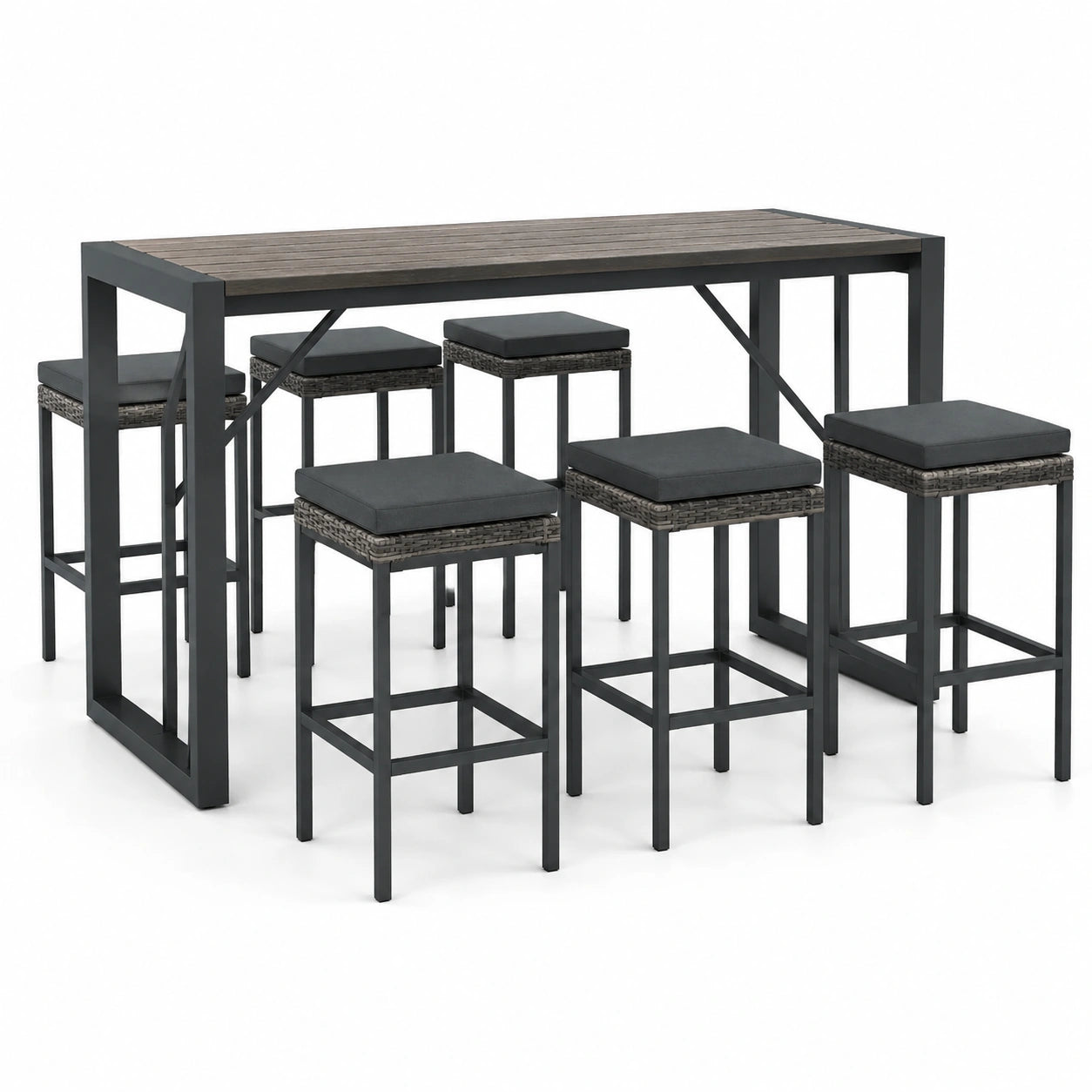 Ensemble de jardin 7 pièces noir, brun et gris anthracite avec table haute 180 × 60 × 105 cm et 6 tabourets 40 × 40 × 72 cm