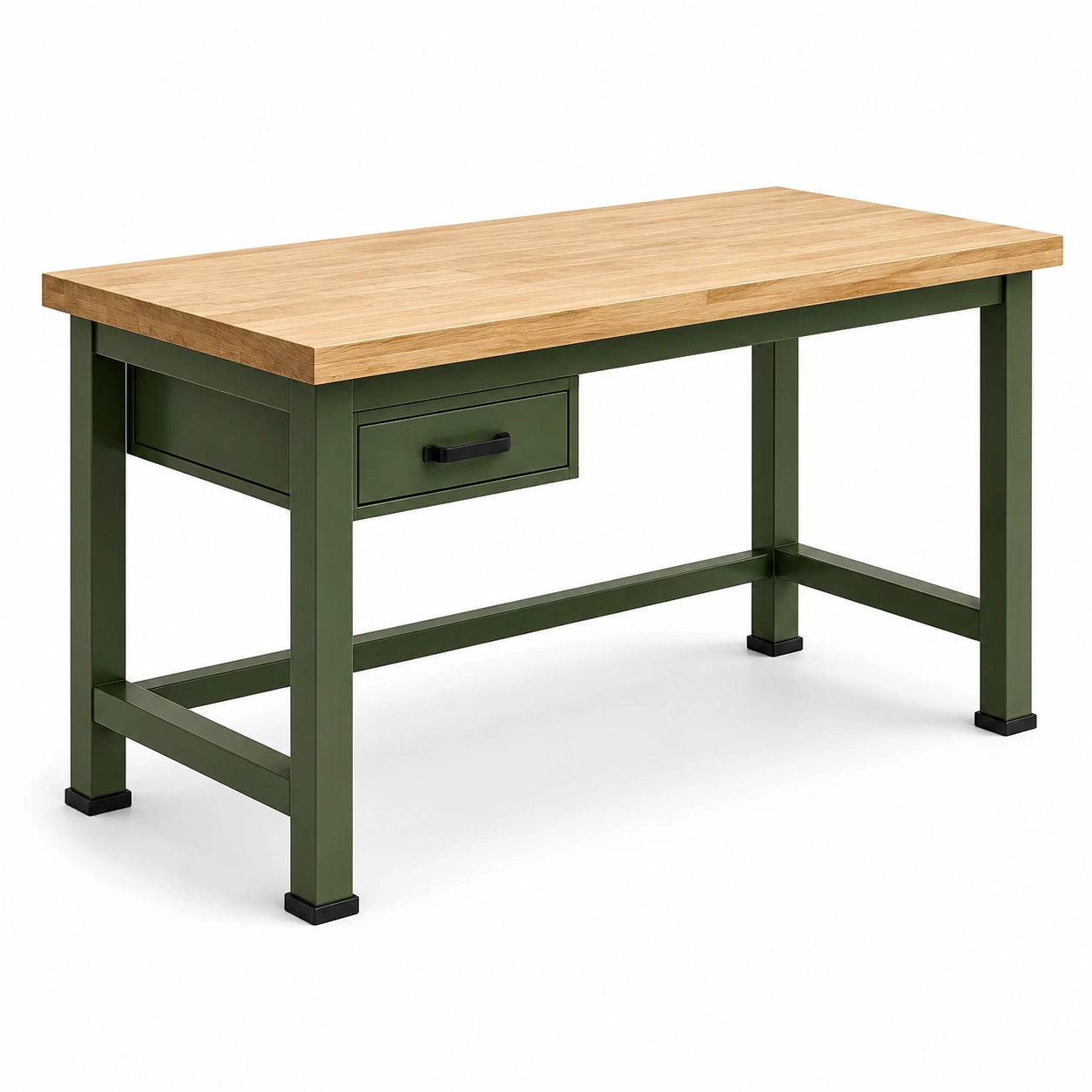 Bureau industriel en bois naturel et métal vert foncé avec tiroir, 120 × 60 × 75 cm