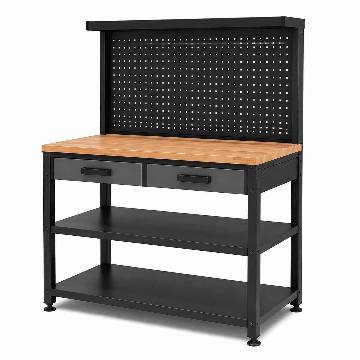 Établi d’atelier en acier noir et bois brun clair avec panneau perforé et rangements – 120 × 60 × 155 cm