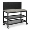 Établi mobile en acier noir avec plateau gris, 120 × 60 × 150 cm, 2 étagères, panneau perforé et roulettes