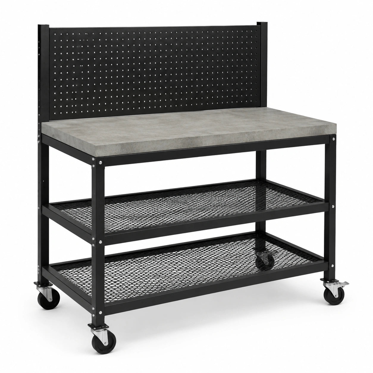 Établi mobile en acier noir avec plateau gris, 120 × 60 × 150 cm, 2 étagères, panneau perforé et roulettes