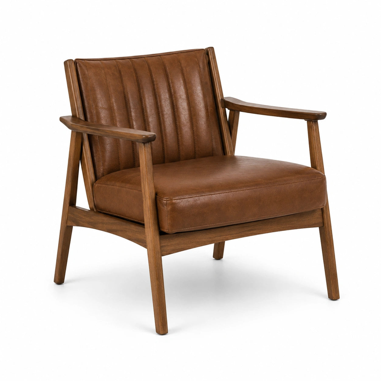 Fauteuil rétro en bois avec revêtement effet cuir marron cognac et accoudoirs, 72 × 78 × 82 cm