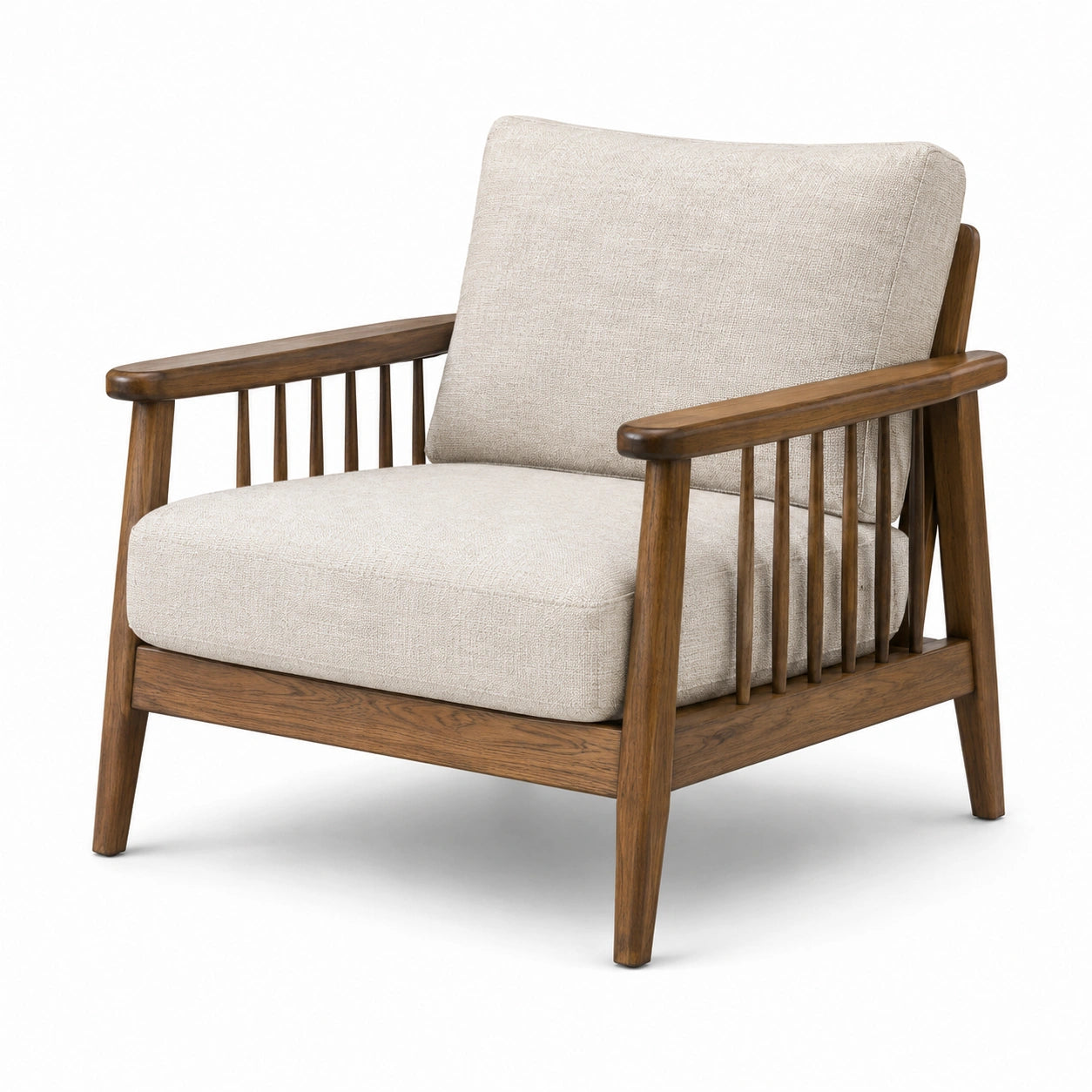 Fauteuil rétro en bois marron et tissu beige avec accoudoirs, 75 × 82 × 83 cm