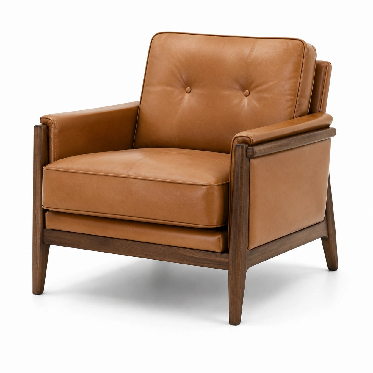 Fauteuil rétro capitonné en cuir cognac et bois marron foncé, 78 × 82 × 83 cm