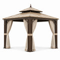 Tonnelle de jardin en métal brun et beige avec toit rigide et rideaux, 300 × 300 × 290 cm