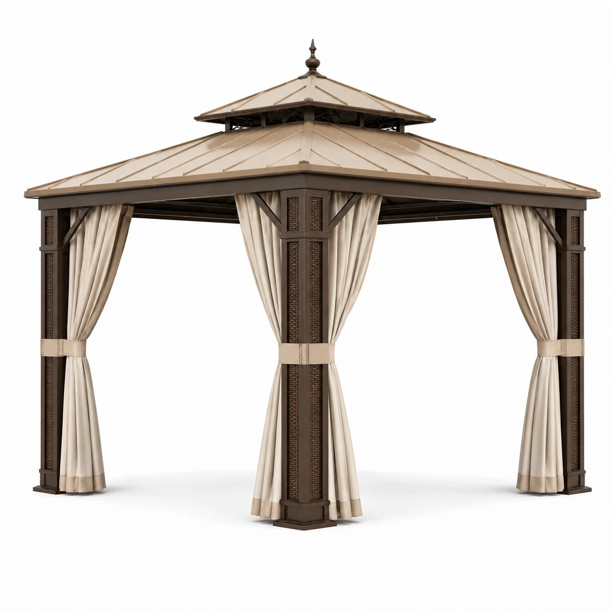 Tonnelle de jardin en métal brun et beige avec toit rigide et rideaux, 300 × 300 × 290 cm
