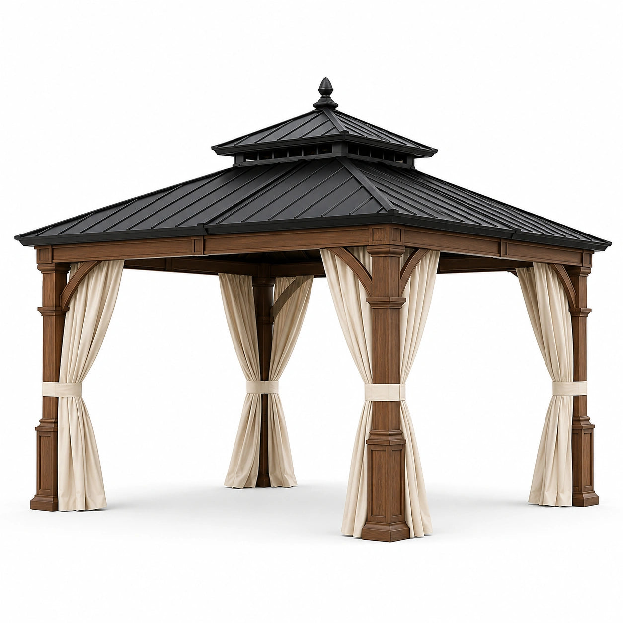 Tonnelle de jardin carrée 360 × 360 × 320 cm en bois brun avec toit rigide noir et rideaux beiges