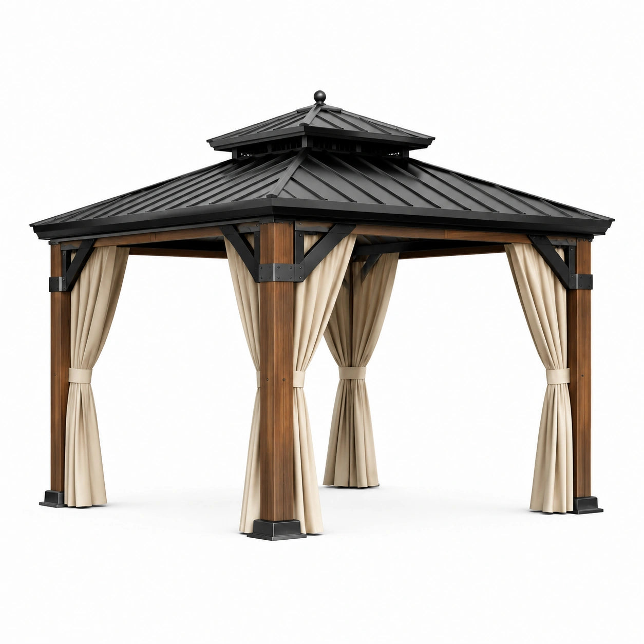 Pavillon de jardin carré 300 × 300 × 280 cm en bois brun et métal noir avec rideaux beiges