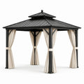 Pergola de jardin carrée 300 × 300 × 290 cm en métal noir avec toit rigide à double niveau et rideaux beiges
