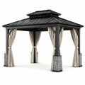 Tonnelle de jardin en métal anthracite 300 × 300 × 300 cm avec rideaux beiges et toit rigide à double niveau