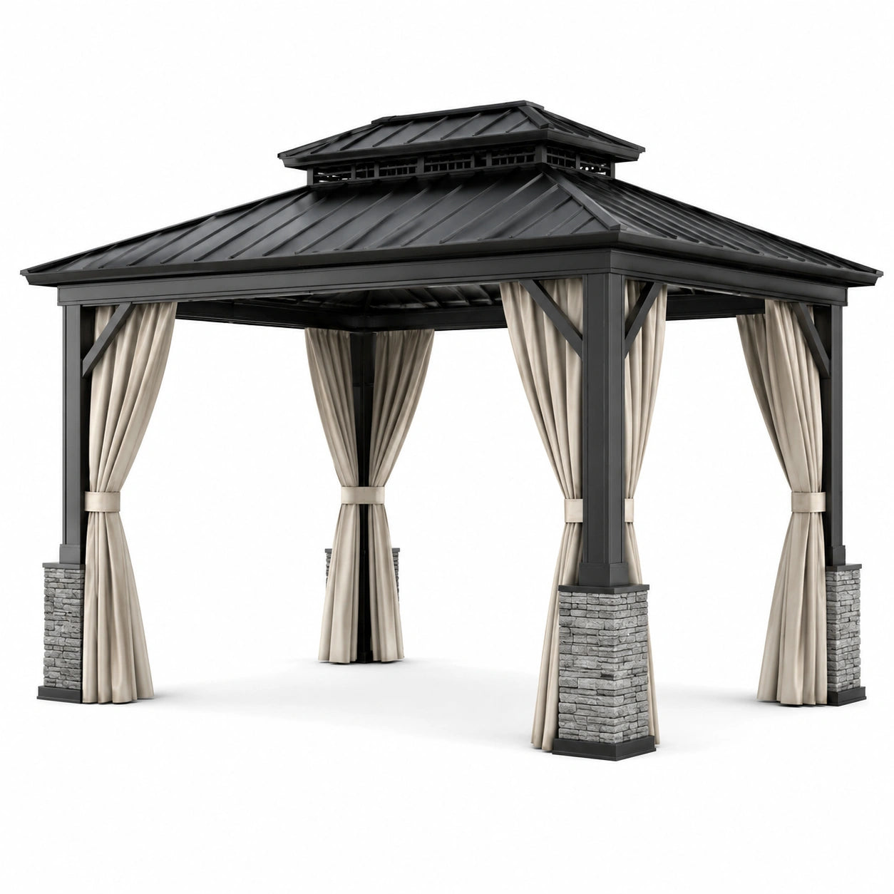 Tonnelle de jardin en métal anthracite 300 × 300 × 300 cm avec rideaux beiges et toit rigide à double niveau