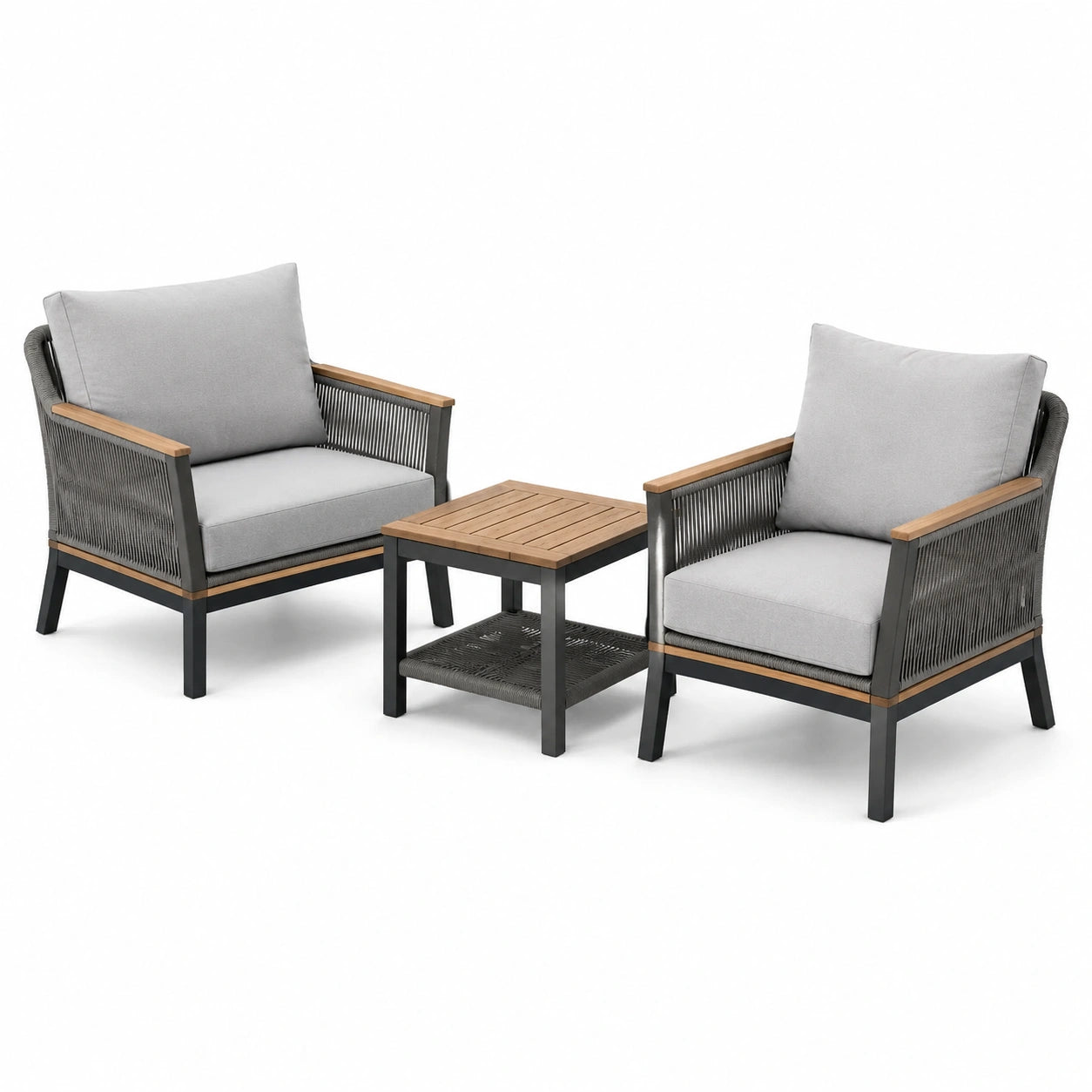 Salon de jardin 3 pièces avec 2 fauteuils 74 × 78 × 83 cm et table 51 × 51 × 48 cm, gris, noir et brun