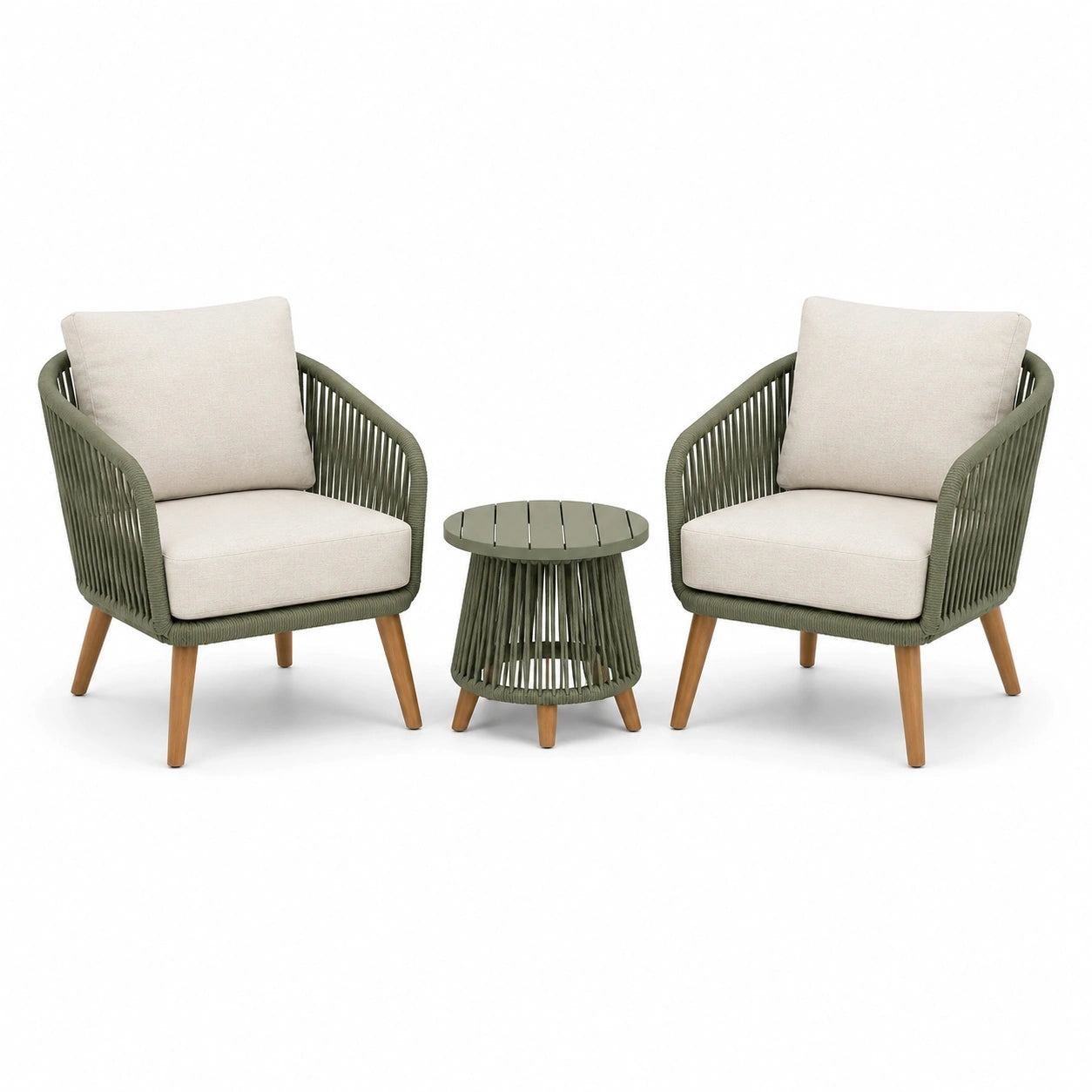 Salon de jardin 3 pièces, 2 fauteuils 73 × 75 × 82 cm et table ronde Ø 50 × 45 cm, vert olive, beige clair et bois naturel