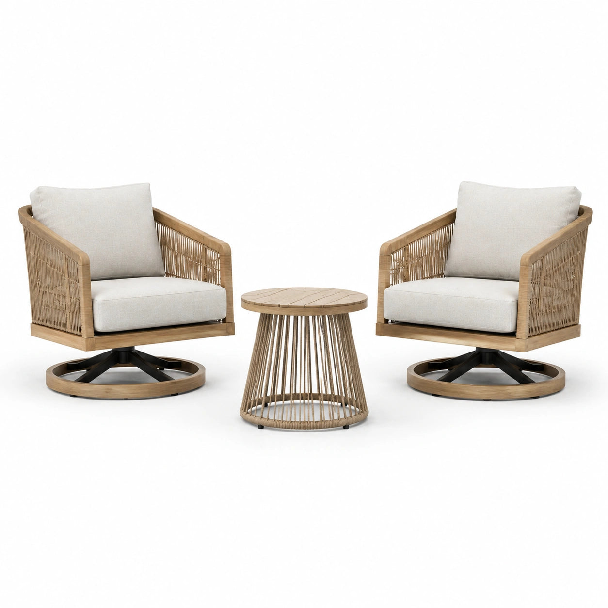 Ensemble 3 pièces avec 2 fauteuils pivotants 79 × 78 × 81 cm et table ronde Ø 55 × H 48 cm, naturel, beige clair et noir